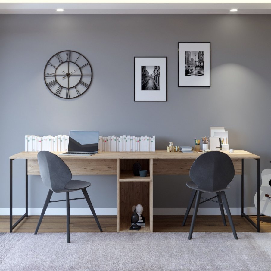 NORDVRK Kili skrivebord, 2 rom, rektangulrt - eikefarget melamin og metall (240x60)