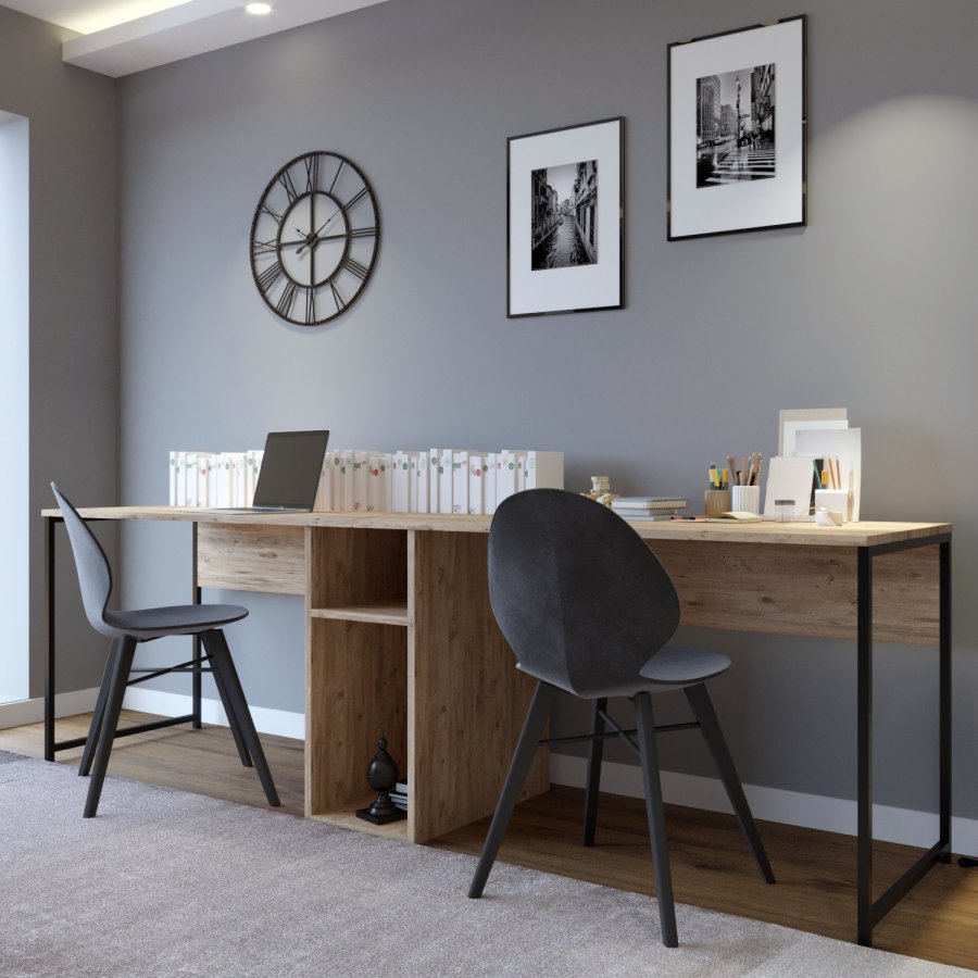 NORDVRK Kili skrivebord, 2 rom, rektangulrt - eikefarget melamin og metall (240x60)