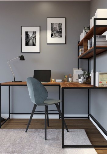 FUNZI LIVING L203 Eckschreibtisch mit Bücherregal - walnussfarbenes Melamin und Metall