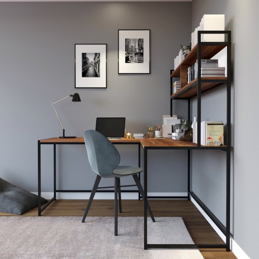 FUNZI LIVING L203 Eckschreibtisch mit Bücherregal - walnussfarbenes Melamin und Metall