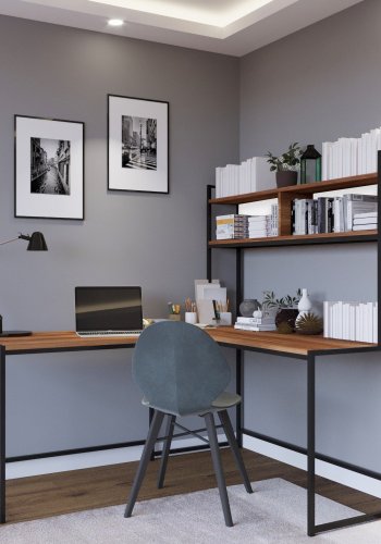 FUNZI LIVING L203 Eckschreibtisch mit Bücherregal - walnussfarbenes Melamin und Metall