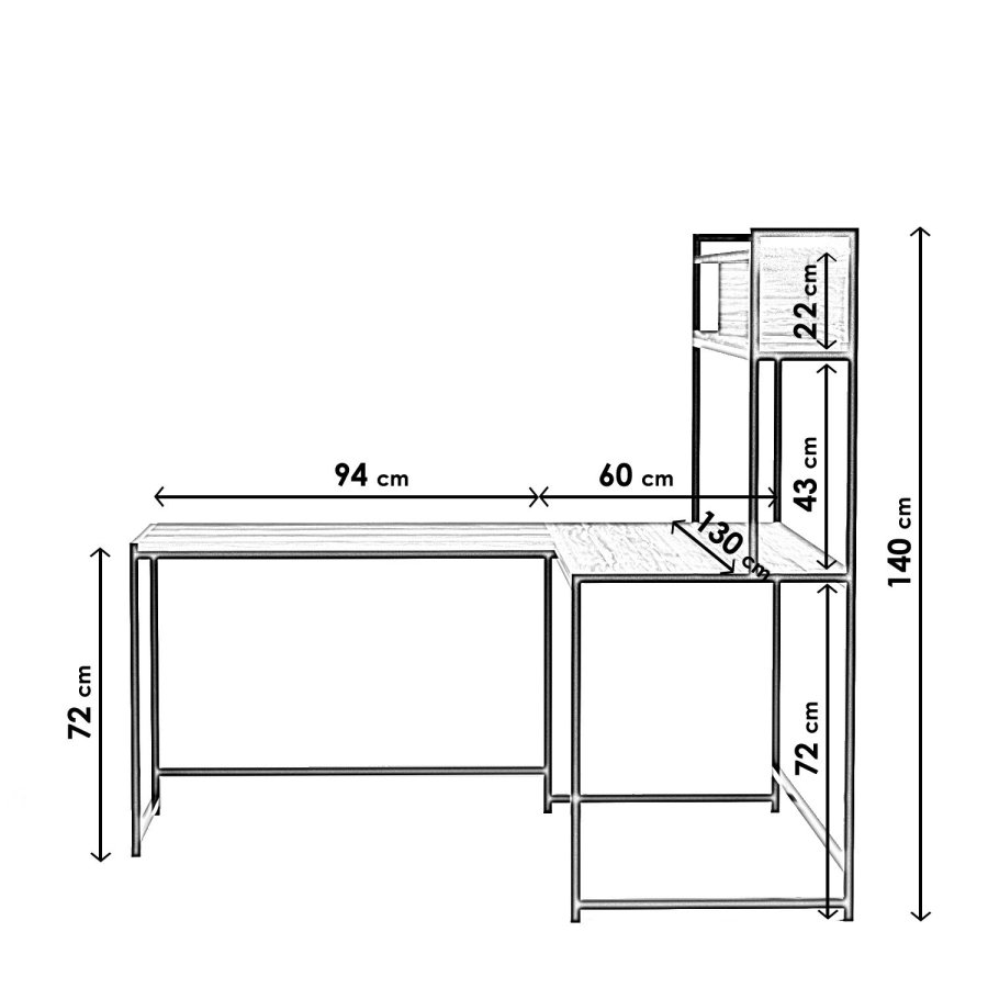 FUNZI LIVING L203 Eckschreibtisch mit Bücherregal - walnussfarbenes Melamin und Metall