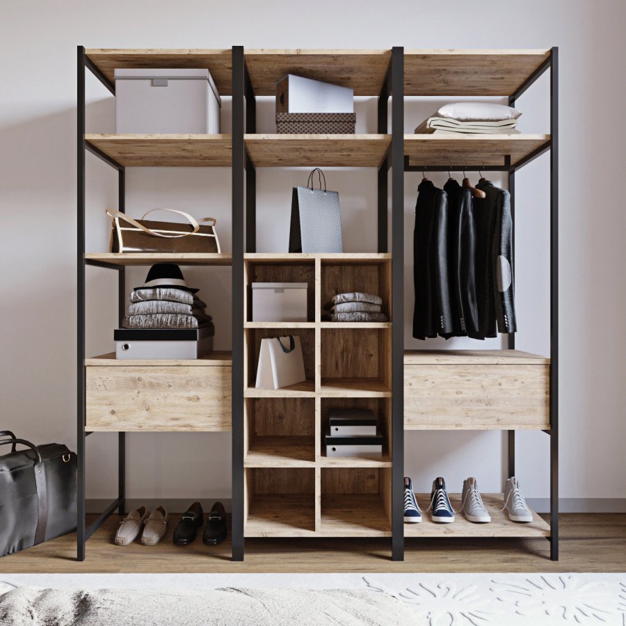 FUNZI LIVING Trend Kleiderschrank, m. 1 Kleiderstange, Regale - Naturmelamin und Metall