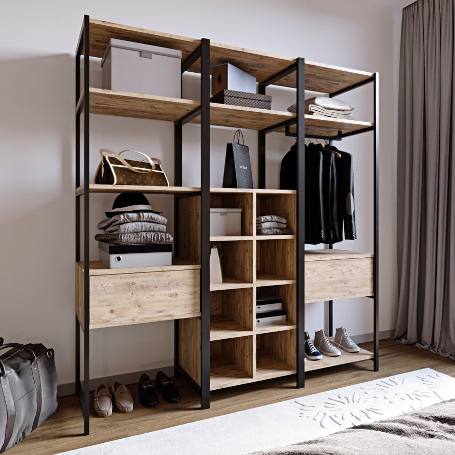 FUNZI LIVING Trend Kleiderschrank, m. 1 Kleiderstange, Regale - Naturmelamin und Metall