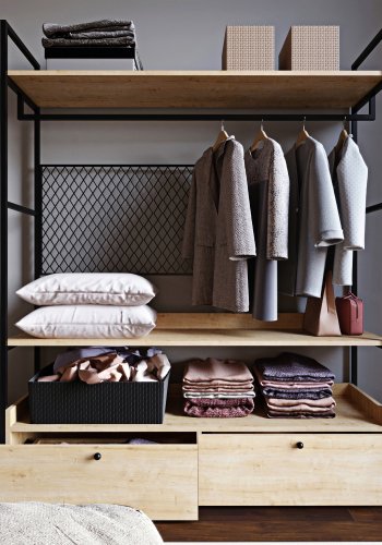 FUNZI LIVING Kleiderschrank, m. 1 Kleiderstange, 2 Einlegeböden, 2 Schubladen - Naturmelamin und Metall