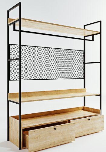 FUNZI LIVING Kleiderschrank, m. 1 Kleiderstange, 2 Einlegeböden, 2 Schubladen - Naturmelamin und Metall