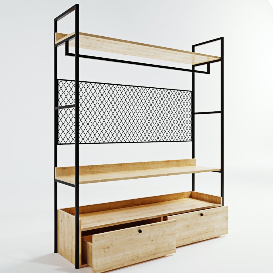 FUNZI LIVING Kleiderschrank, m. 1 Kleiderstange, 2 Einlegeböden, 2 Schubladen - Naturmelamin und Metall