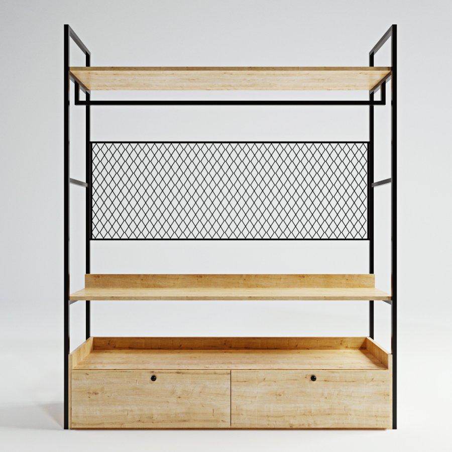 FUNZI LIVING Kleiderschrank, m. 1 Kleiderstange, 2 Einlegeböden, 2 Schubladen - Naturmelamin und Metall