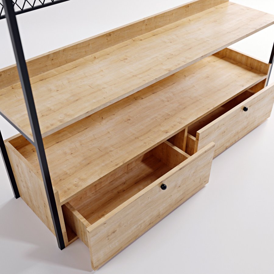 FUNZI LIVING Kleiderschrank, m. 1 Kleiderstange, 2 Einlegeböden, 2 Schubladen - Naturmelamin und Metall