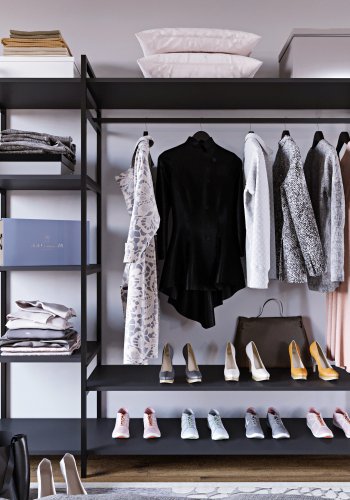 FUNZI LIVING Pamir offener Kleiderschrank, m. 1 Kleiderstange, 5 Regale - schwarzes Melamin und Metall