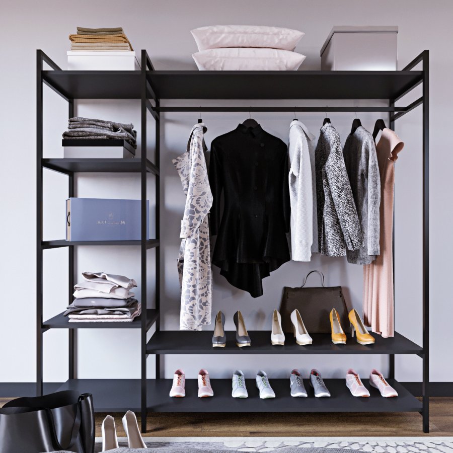 FUNZI LIVING Pamir offener Kleiderschrank, m. 1 Kleiderstange, 5 Regale - schwarzes Melamin und Metall