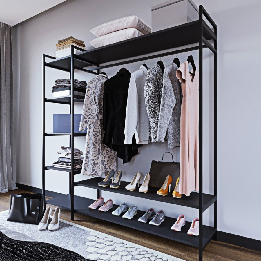 FUNZI LIVING Pamir offener Kleiderschrank, m. 1 Kleiderstange, 5 Regale - schwarzes Melamin und Metall