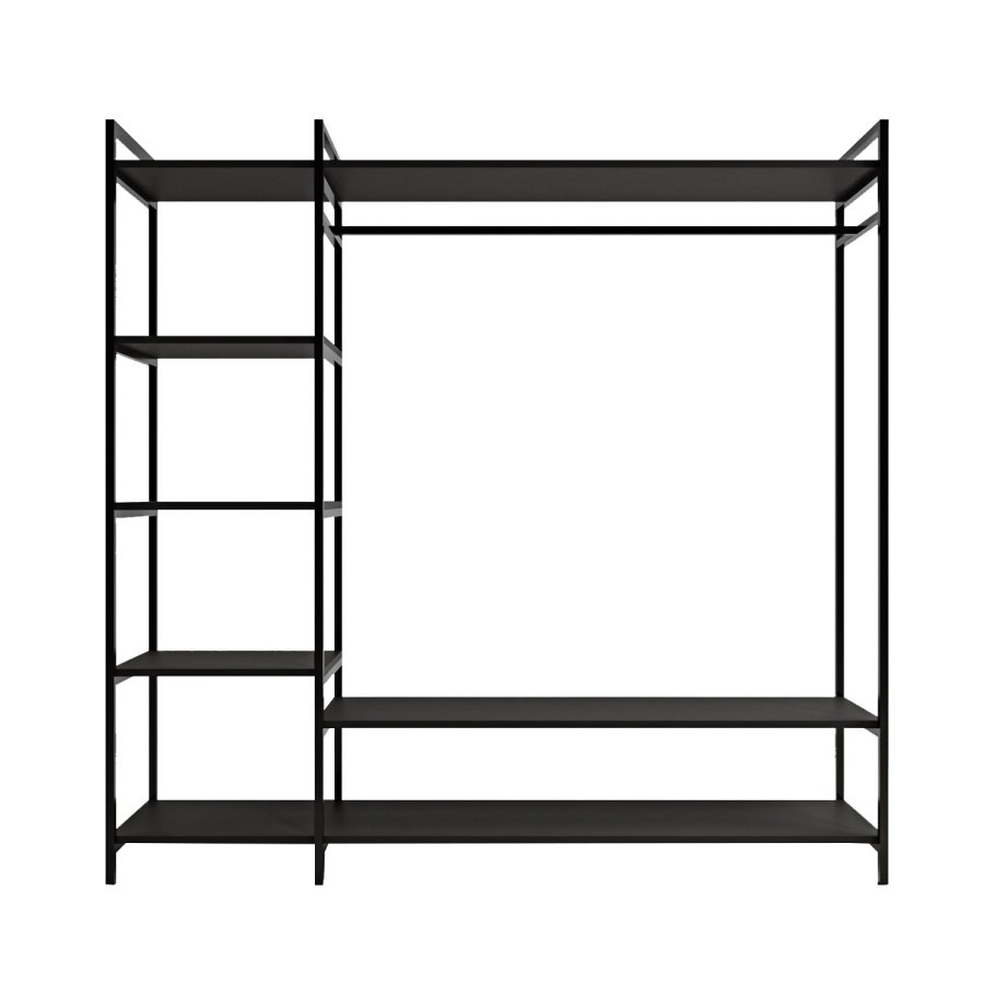 FUNZI LIVING Pamir offener Kleiderschrank, m. 1 Kleiderstange, 5 Regale - schwarzes Melamin und Metall