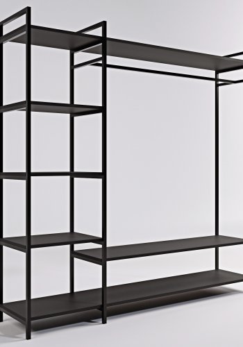 FUNZI LIVING Pamir offener Kleiderschrank, m. 1 Kleiderstange, 5 Regale - schwarzes Melamin und Metall