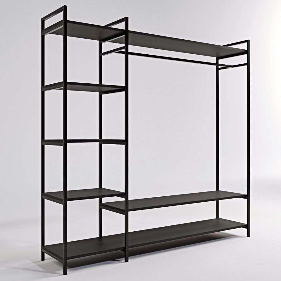 FUNZI LIVING Pamir offener Kleiderschrank, m. 1 Kleiderstange, 5 Regale - schwarzes Melamin und Metall