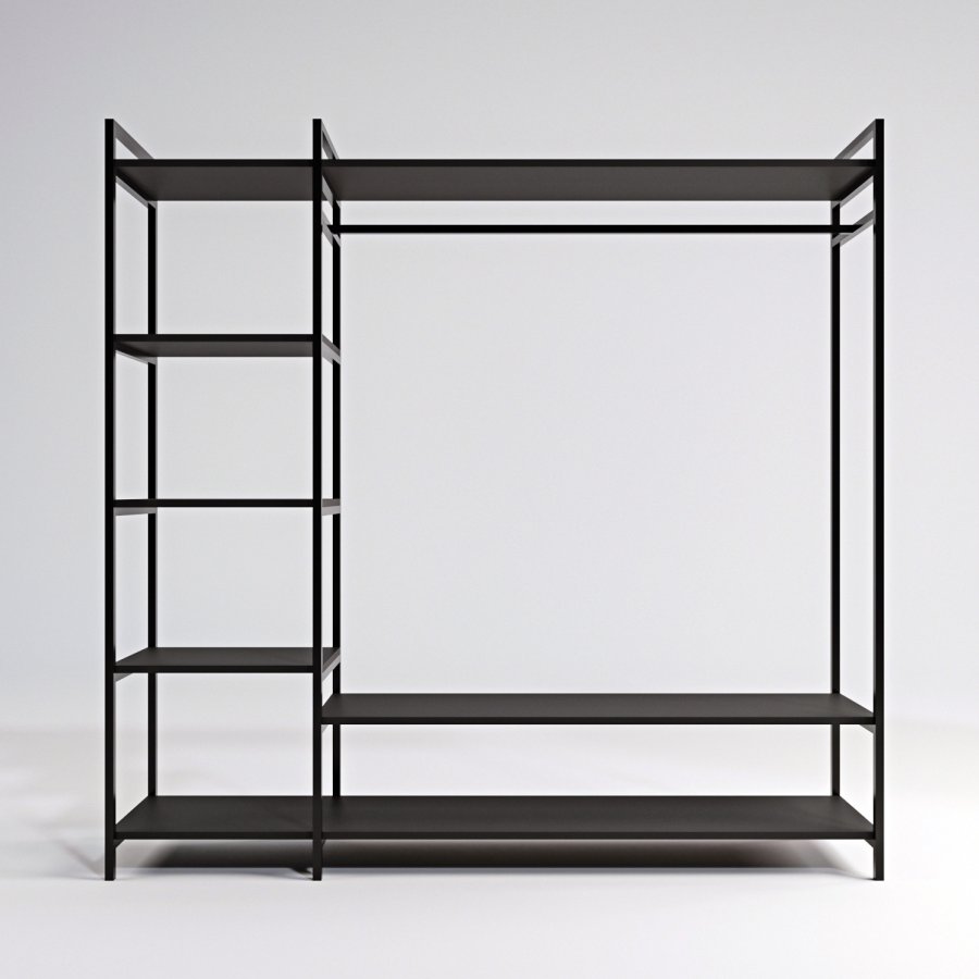 FUNZI LIVING Pamir offener Kleiderschrank, m. 1 Kleiderstange, 5 Regale - schwarzes Melamin und Metall