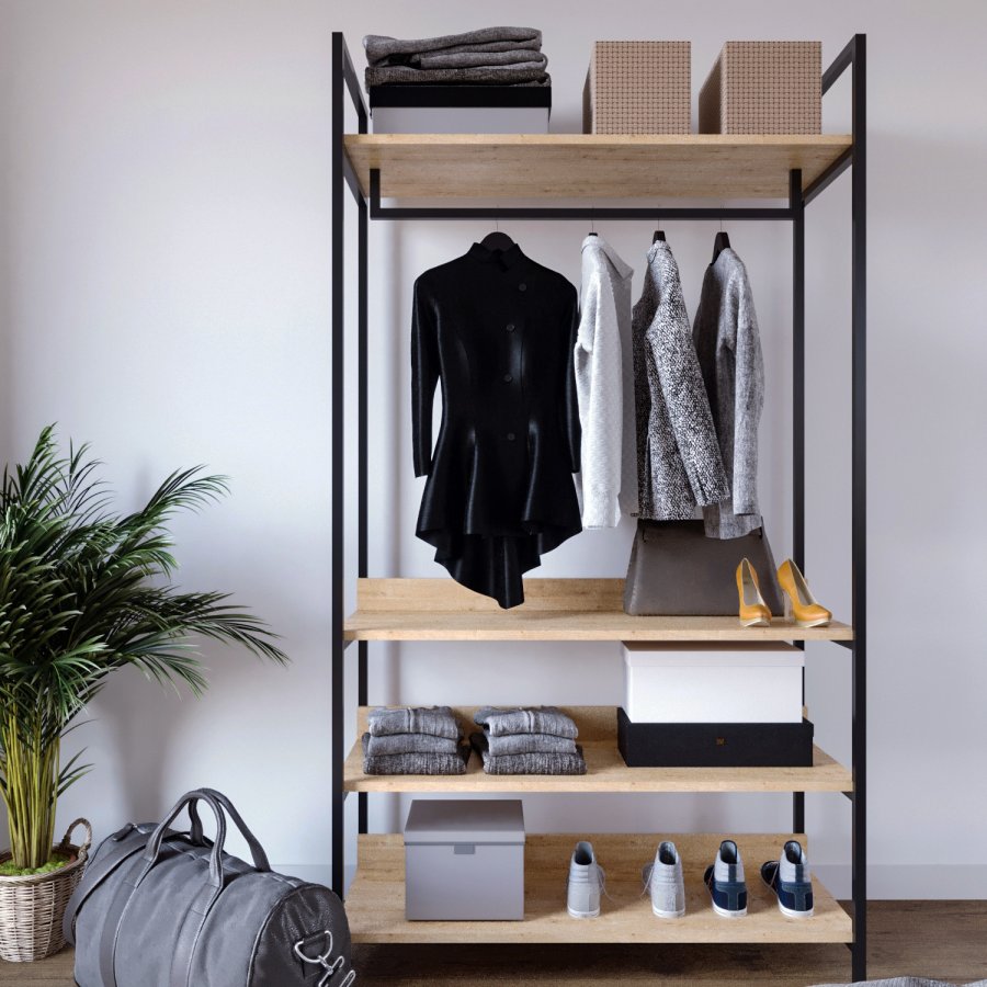 FUNZI LIVING Trend Kleiderschrank, m. 1 Kleiderstange, 3 Einlegeböden - Naturmelamin und Metall