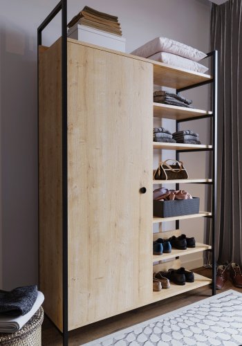 FUNZI LIVING Rüzgar Kleiderschrank, m. 1 Tür, 2 Kleiderstangen, 6 Regale - natürliches Melamin und Metall