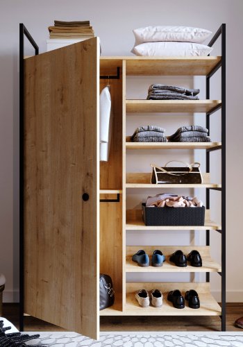 FUNZI LIVING Rüzgar Kleiderschrank, m. 1 Tür, 2 Kleiderstangen, 6 Regale - natürliches Melamin und Metall