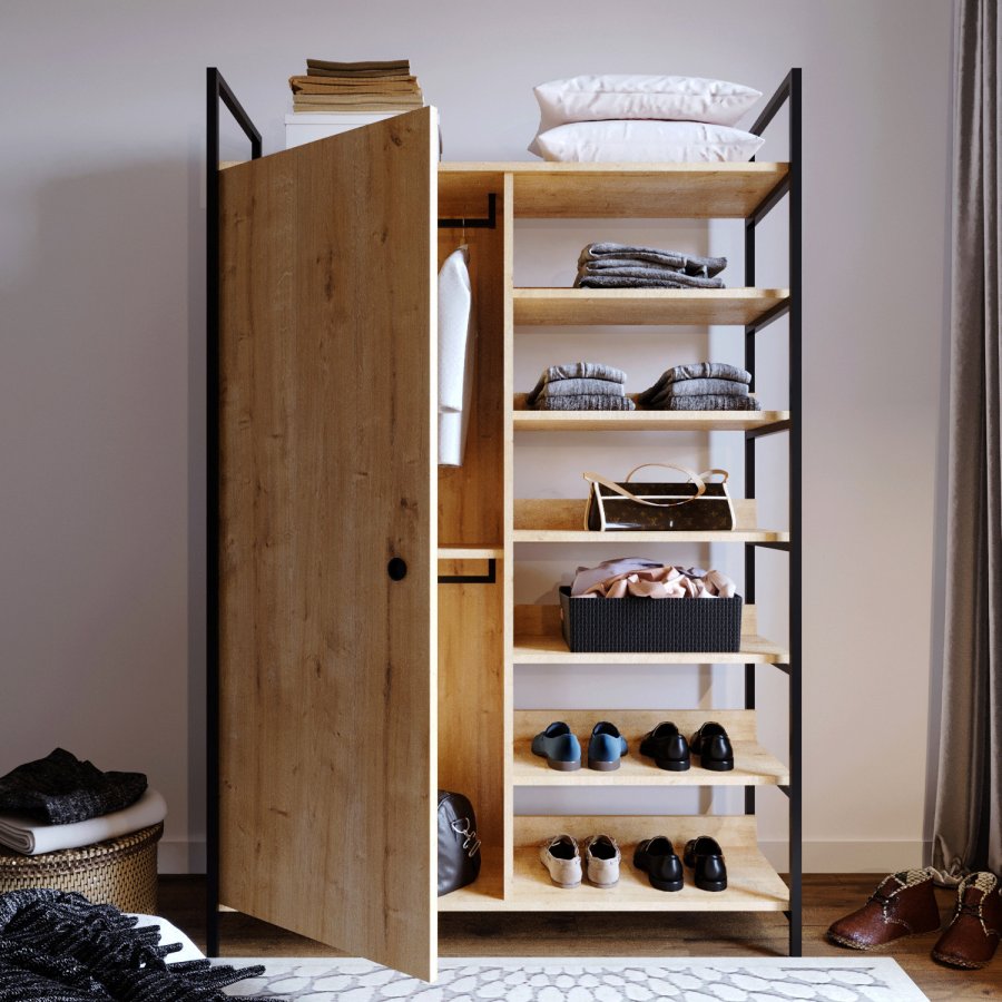 FUNZI LIVING Rüzgar Kleiderschrank, m. 1 Tür, 2 Kleiderstangen, 6 Regale - natürliches Melamin und Metall