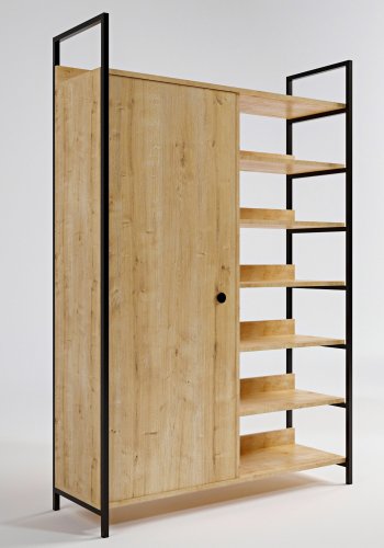 FUNZI LIVING Rüzgar Kleiderschrank, m. 1 Tür, 2 Kleiderstangen, 6 Regale - natürliches Melamin und Metall