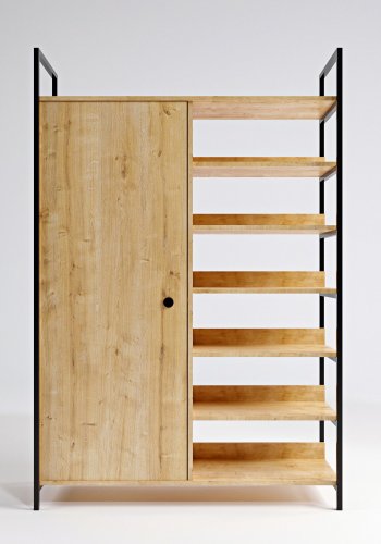 FUNZI LIVING Rüzgar Kleiderschrank, m. 1 Tür, 2 Kleiderstangen, 6 Regale - natürliches Melamin und Metall