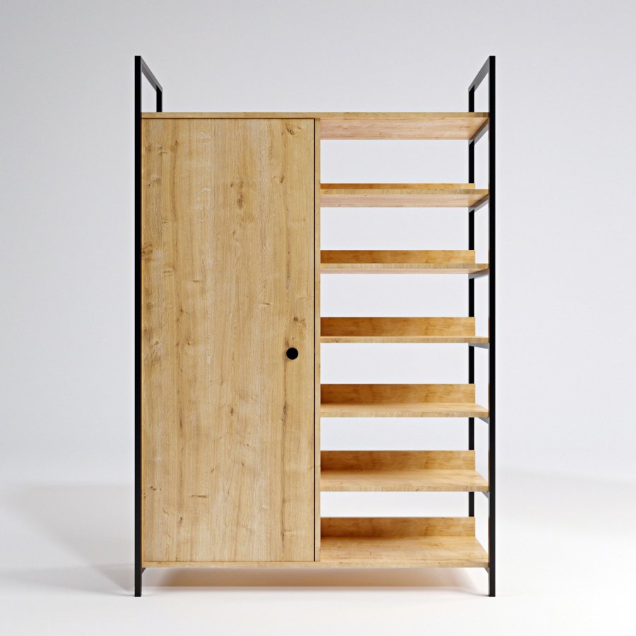 FUNZI LIVING Rüzgar Kleiderschrank, m. 1 Tür, 2 Kleiderstangen, 6 Regale - natürliches Melamin und Metall