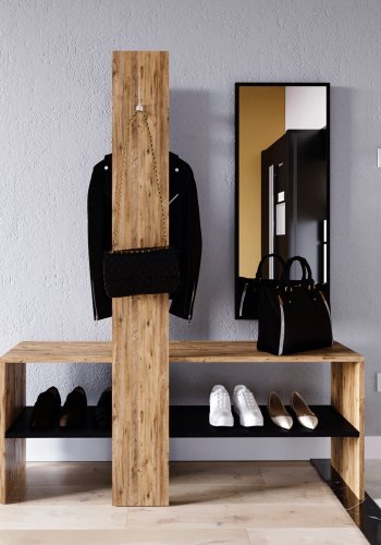 FUNZI LIVING Aynal entrsett, med speil, klesstang, hylle - naturlig melamin