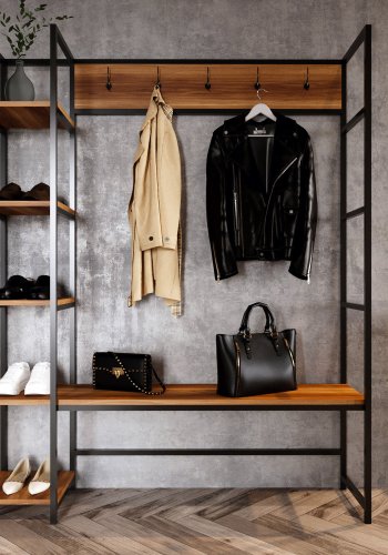 NORDVRK Portmanteau inngangssett, m. 5 kroker, 5 hyller - valnttfarget melamin og metall