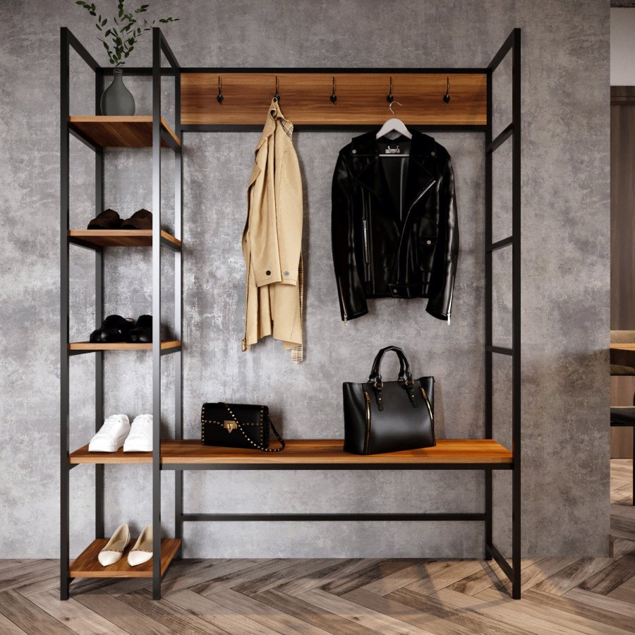 NORDVRK Portmanteau inngangssett, m. 5 kroker, 5 hyller - valnttfarget melamin og metall