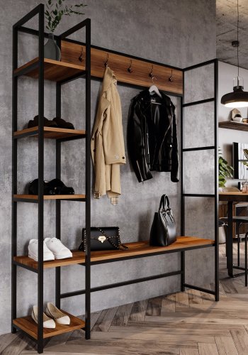 NORDVRK Portmanteau inngangssett, m. 5 kroker, 5 hyller - valnttfarget melamin og metall