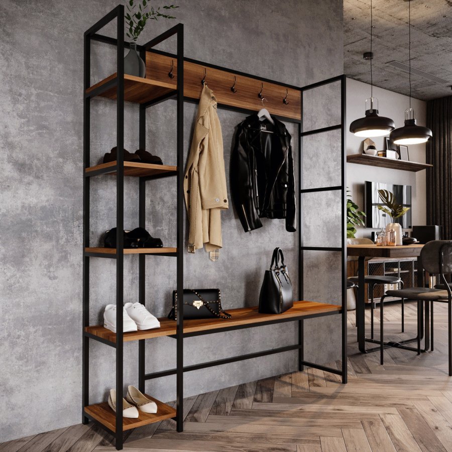 NORDVRK Portmanteau inngangssett, m. 5 kroker, 5 hyller - valnttfarget melamin og metall