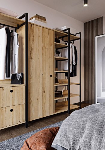 FUNZI LIVING Okan Kleiderschrank, m. 1 Tür, 1 Kleiderstange, 2 Schubladen, 9 Einlegeböden – Naturmelamin und Metall