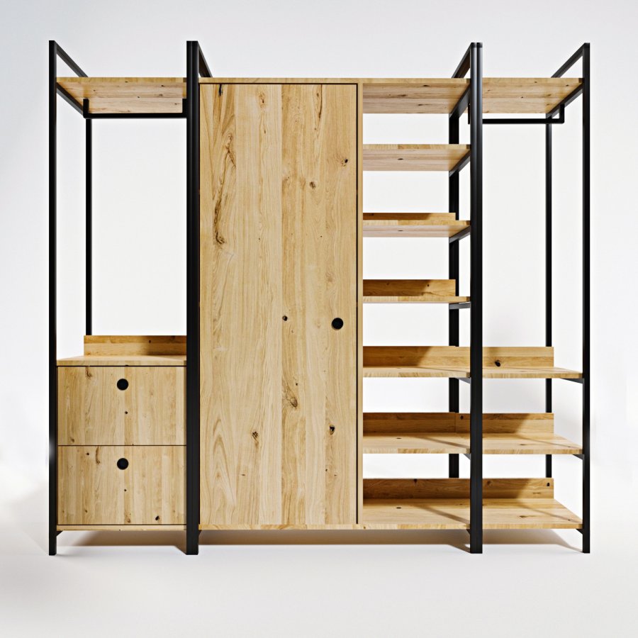 FUNZI LIVING Okan Kleiderschrank, m. 1 Tür, 1 Kleiderstange, 2 Schubladen, 9 Einlegeböden – Naturmelamin und Metall