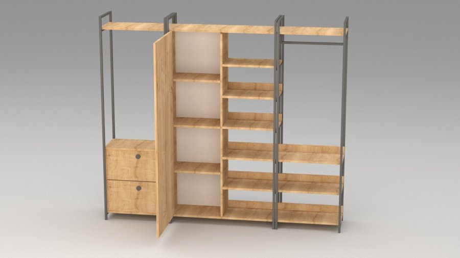 FUNZI LIVING Okan Kleiderschrank, m. 1 Tür, 1 Kleiderstange, 2 Schubladen, 9 Einlegeböden – Naturmelamin und Metall