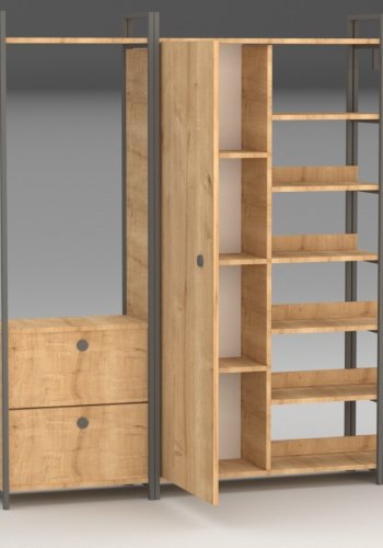 FUNZI LIVING Okan Kleiderschrank, m. 1 Tür, 1 Kleiderstange, 2 Schubladen, 9 Einlegeböden – Naturmelamin und Metall