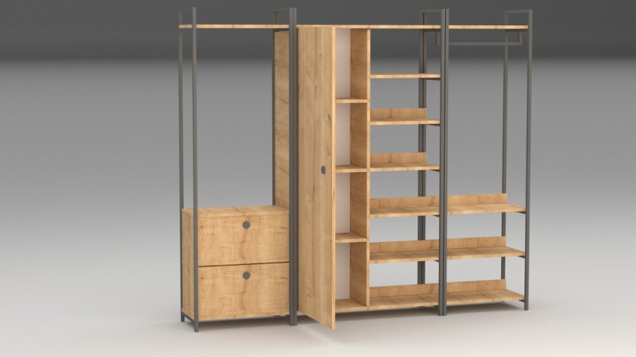 FUNZI LIVING Okan Kleiderschrank, m. 1 Tür, 1 Kleiderstange, 2 Schubladen, 9 Einlegeböden – Naturmelamin und Metall