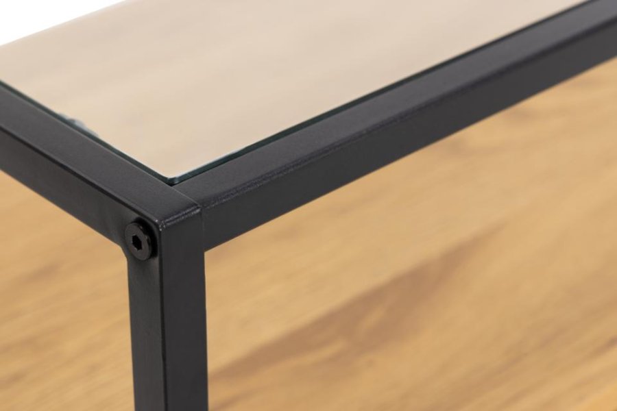 ACT NORDIC Randolf TV-bord, 1 hylle, 2 rom - klart glass, naturlig villeik melamin, sort stl (120x40)