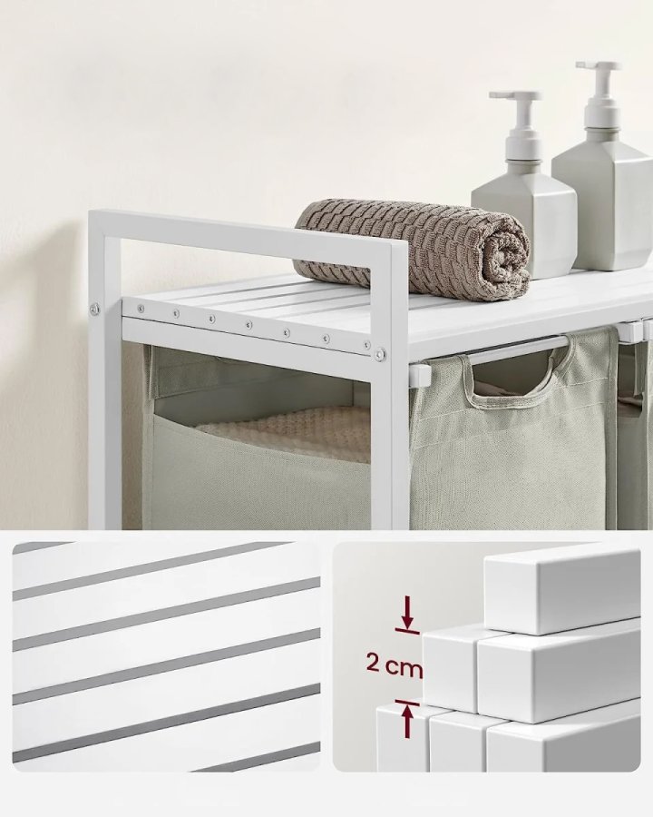 VASAGLE Wschekorb, m. 3 ausziehbaren und herausnehmbaren Wschescken, 1 Ablage  Stoff, weies MDF/Stahl