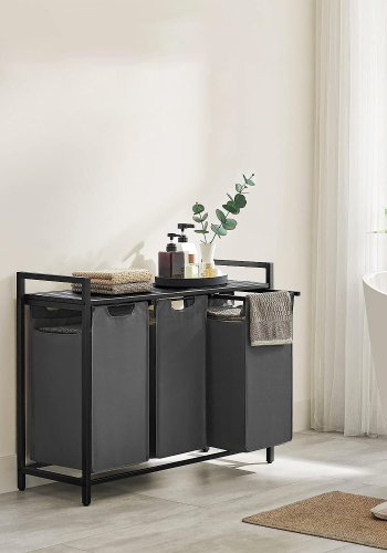 VASAGLE vasketjskurv, m. 3 udtrkkelige og aftagelige vasketjsposer, 1 hylde - stof, sort MDF/stl