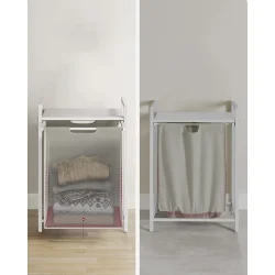 VASAGLE vasketjskurv, m. udtrkkelig og aftagelig vasketjspose og 1 hylde - stof og hvid MDF/stl