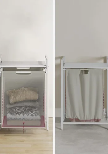 VASAGLE Wäschekorb, mit ausziehbarem und herausnehmbarem Wäschesack und 1 Ablage – Stoff und weißes MDF/Stahl