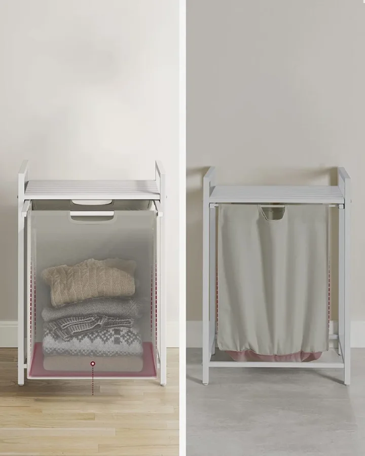 VASAGLE Wäschekorb, mit ausziehbarem und herausnehmbarem Wäschesack und 1 Ablage – Stoff und weißes MDF/Stahl