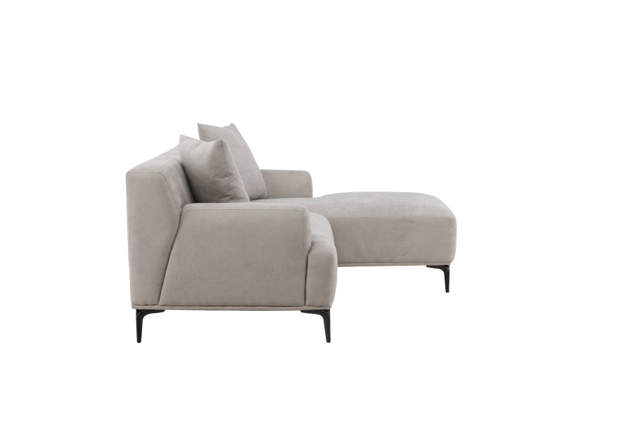 VENTURE DESIGN Viskan sofa, m. sjeselong - lys gr polyester og matt sort metall