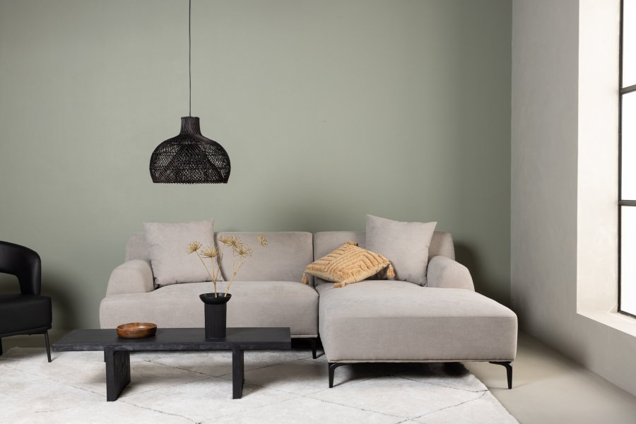 VENTURE DESIGN Viskan sofa, m. sjeselong - lys gr polyester og matt sort metall