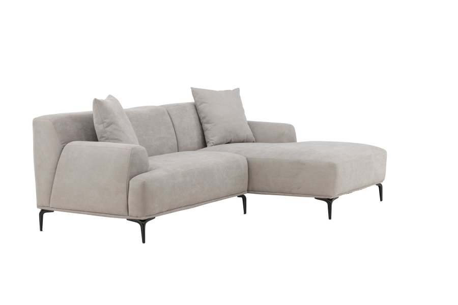VENTURE DESIGN Viskan sofa, m. sjeselong - lys gr polyester og matt sort metall