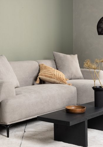 VENTURE DESIGN Viskan sofa, m. sjeselong - lys gr polyester og matt sort metall