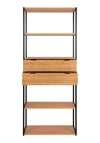 HOUSE NORDIC Bokhylle, ask finer, svart metallramme, 2 skuffer, 84,5x35x200 cm