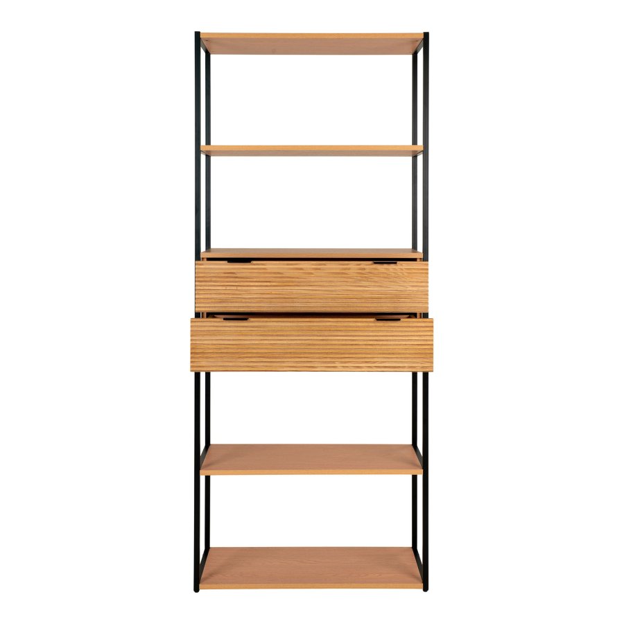 HOUSE NORDIC Bokhylle, ask finer, svart metallramme, 2 skuffer, 84,5x35x200 cm