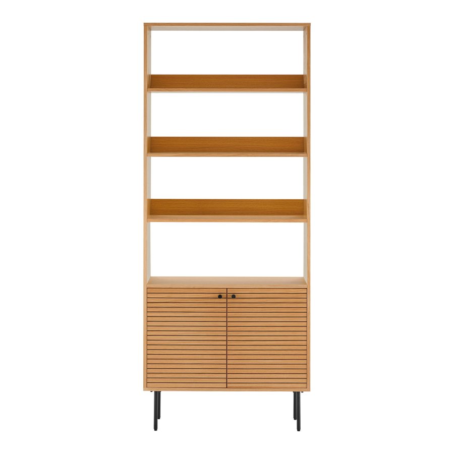 HOUSE NORDIC Kyoto bokhylle, med 2 drer, 4 hyller - naturlig melamin/eikefiner og svart stl